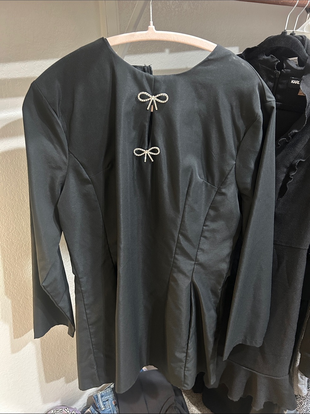 Black Long-Sleeve dress with Rhinestone Bow Accents
